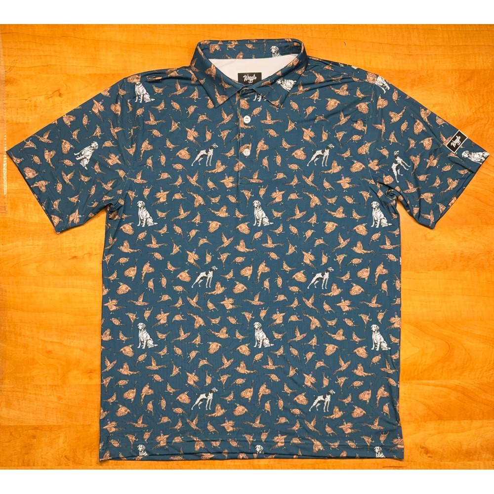 Waggle Golf Polo Shirt Mens Large Teal Blue Pheasant Bird Dog Performance